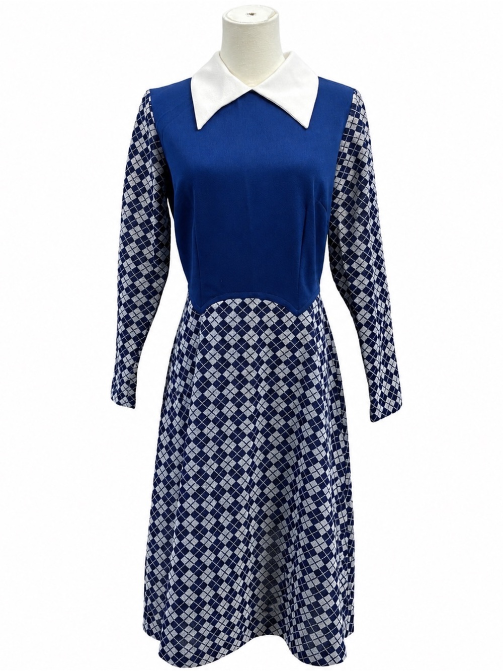 Vintage Sears 70s Argyle Fit Flare Point Collar Retro Mod Academia Dress Medium